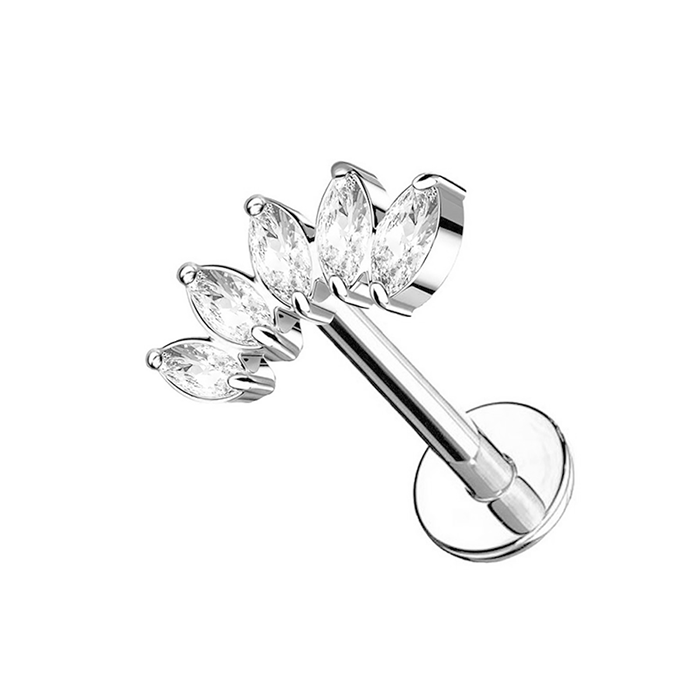 Piercing labret d'oreille argenté en acier chirurgical avec une arche en éventail de cinq strass brillants en navette.