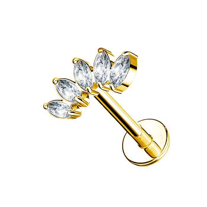 Piercing de cartilage doré pour l'oreille avec fond plat et une couronne de cinq cristaux clairs taillés en marquise.