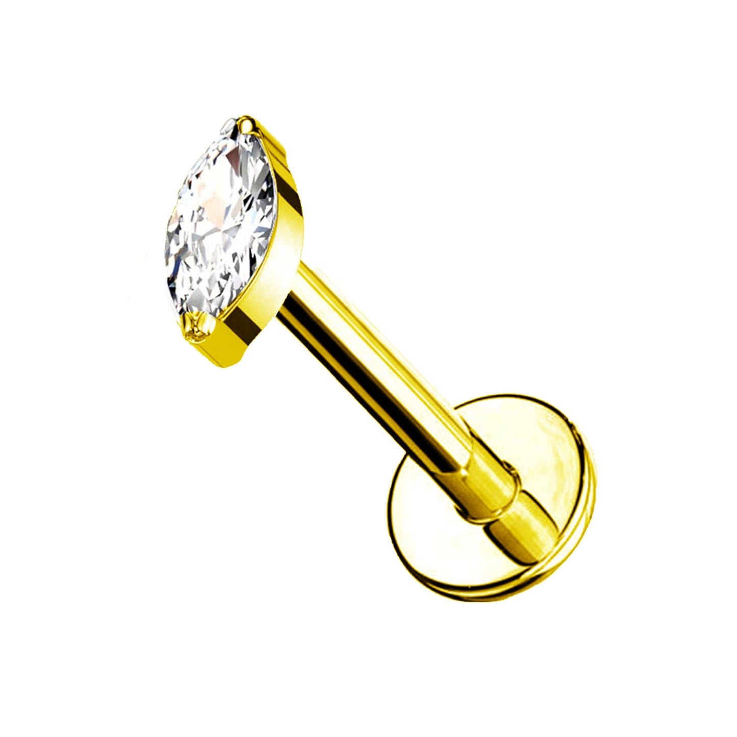Piercing labret d'oreille doré en acier chirurgical avec une pierre en forme de navette scintillante.