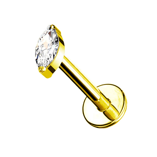 Piercing labret d'oreille doré en acier chirurgical avec une pierre en forme de navette scintillante.