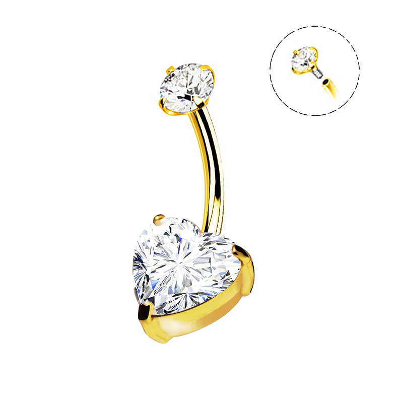 Piercing de nombril doré incurvé orné d'un grand cristal blanc en forme de cœur à sa base et d'un strass rond au sommet, avec un schéma explicatif en médaillon montrant le pas de vis interne.