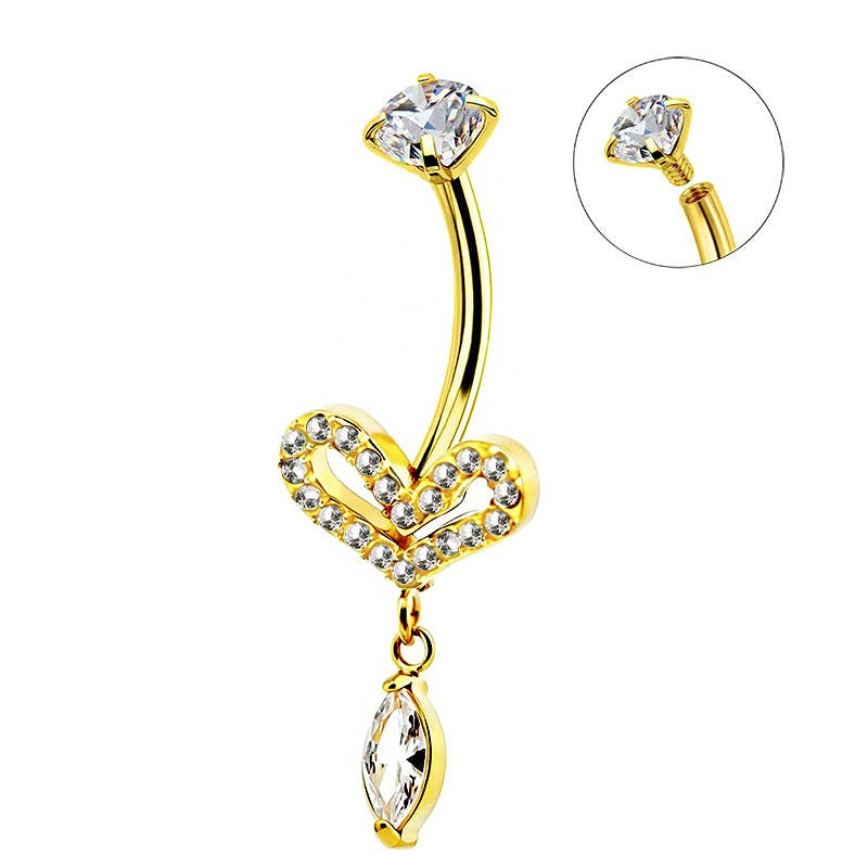 Piercing banane de nombril doré avec motif cœur scintillant, pampille mobile en cristal et schéma explicatif du pas de vis interne.