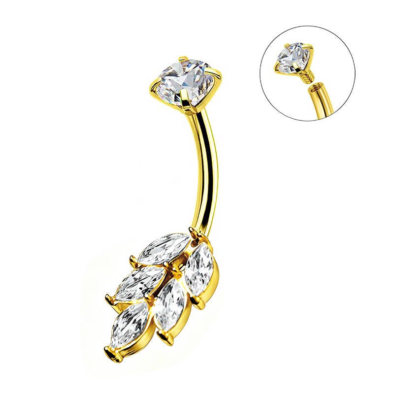 Piercing de nombril doré en acier chirurgical avec motif de branche de laurier en cristaux brillants et schéma de vissage interne.