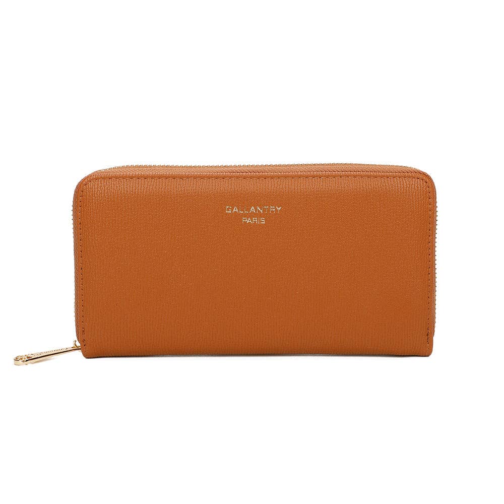 Portefeuille compagnon Célia en similicuir camel avec fermeture zippée dorée REF 311.