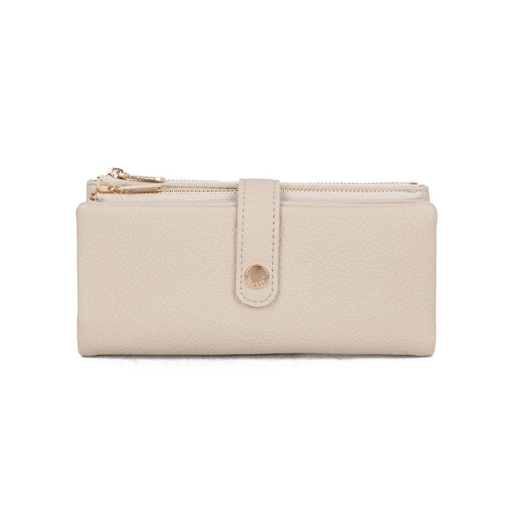 Compagnon de sac Rosy Chic couleur beige crème (REF 9) en similicuir de haute qualité texturé, avec sa bride centrale fermée par un bouton métallique doré, vue de face sur fond blanc.