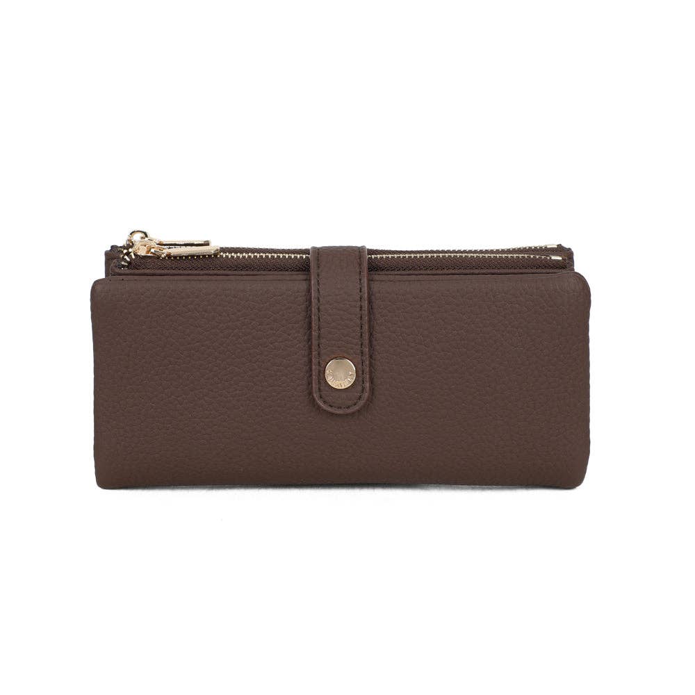 Grand portefeuille compartimenté Rosy Chic couleur marron café foncé (REF 10), texture grainée chic et finitions métalliques dorées polies, face avant sur fond blanc.
