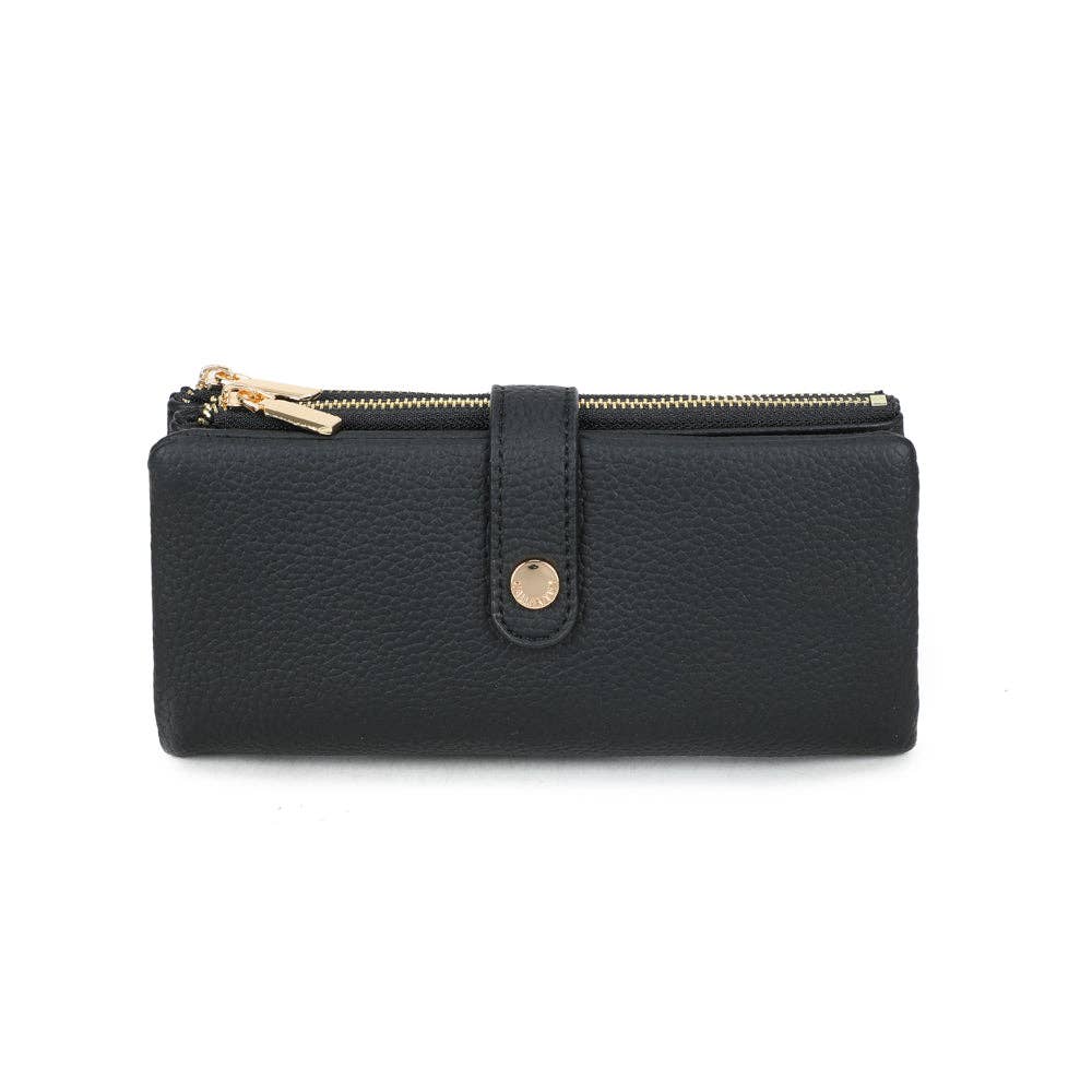 Grand portefeuille compagnon tout-en-un Rosy Chic en similicuir grainé noir (REF 6), vu de face avec sa languette à bouton-pression doré et ses fermetures éclair supérieures, sur fond blanc.