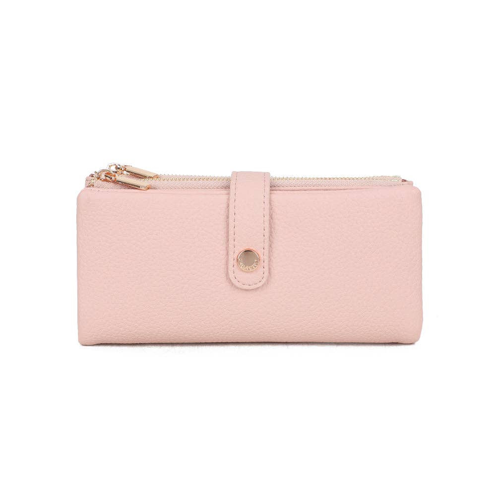 Portefeuille tout-en-un pour femme Rosy Chic couleur rose clair poudré (REF 8), montrant les détails des zips dorés sur le dessus et la fermeture à pression centrale, sur fond blanc.