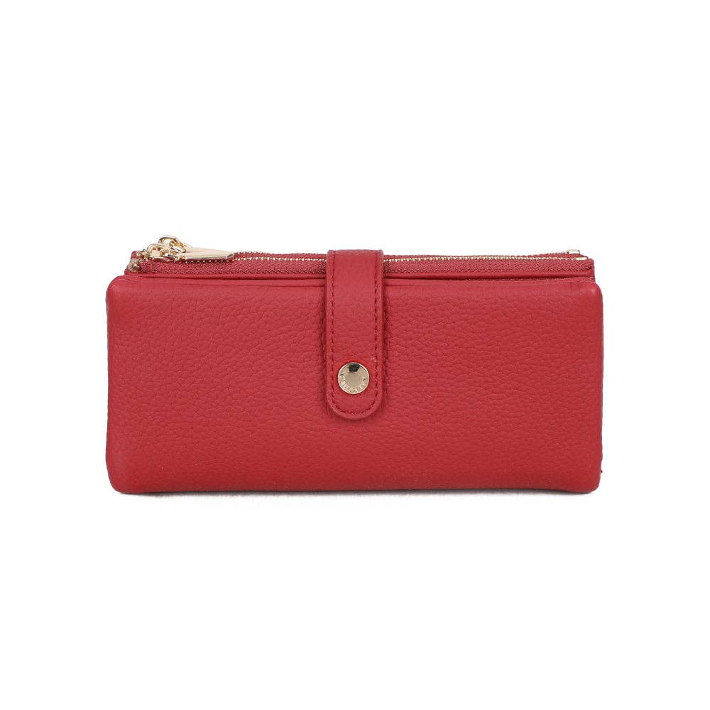 Portefeuille long format Rosy Chic couleur rouge vif (REF 7) en cuir synthétique texturé grainé, doté d'un bouton doré brillant et d'un compartiment monnaie zippé, isolé sur fond blanc.