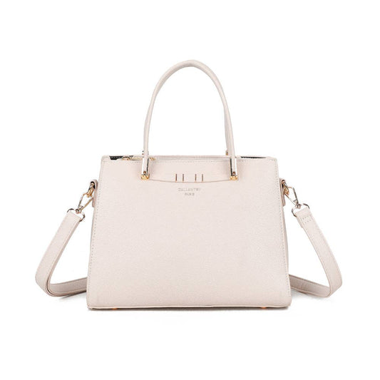 Sac à Main Azure REF 163 - Sac à main cabas trapèze pour femme en similicuir grainé écru blanc cassé avec anses, bandoulière et finitions dorées Gallantry.
