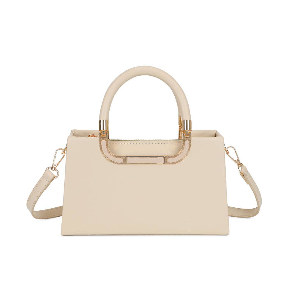 Sac à main La Prima en similicuir beige nude avec anse rigide et détail doré brillant REF 301.