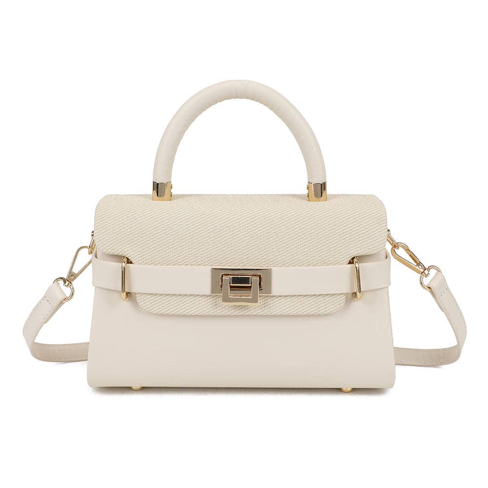 Sac à main rigide Lysia de couleur beige (REF 44), combinant un rabat texturé en tissu canevas beige clair et un corps en simili cuir crème avec des détails métalliques dorés et sa bandoulière, sur fond blanc.