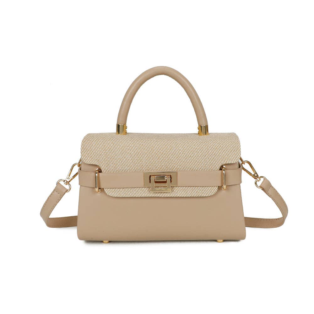 Sac à main élégant Lysia de couleur taupe (REF 46), associant un rabat en toile tressée écrue et une structure rigide lisse couleur gris-brun taupe avec des fermoirs dorés brillants, isolé sur fond blanc.