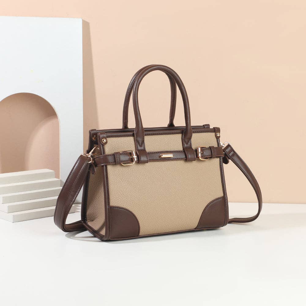 Sac à main Le Belmont en similicuir bicolore taupe et marron avec boucles dorées REF 304.