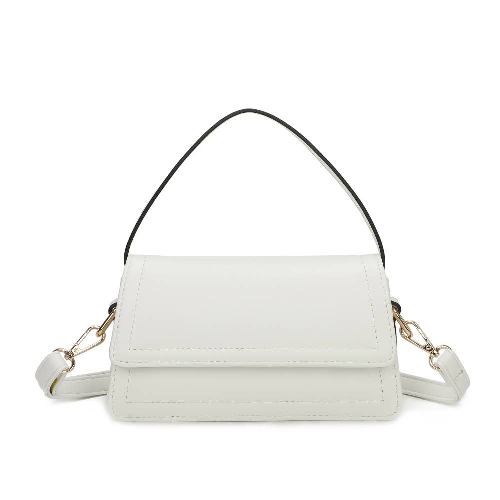 Sac à main structuré Rosino REF 141 couleur blanc pur vu de face avec rabat géométrique, anse rigide et fixations dorées.