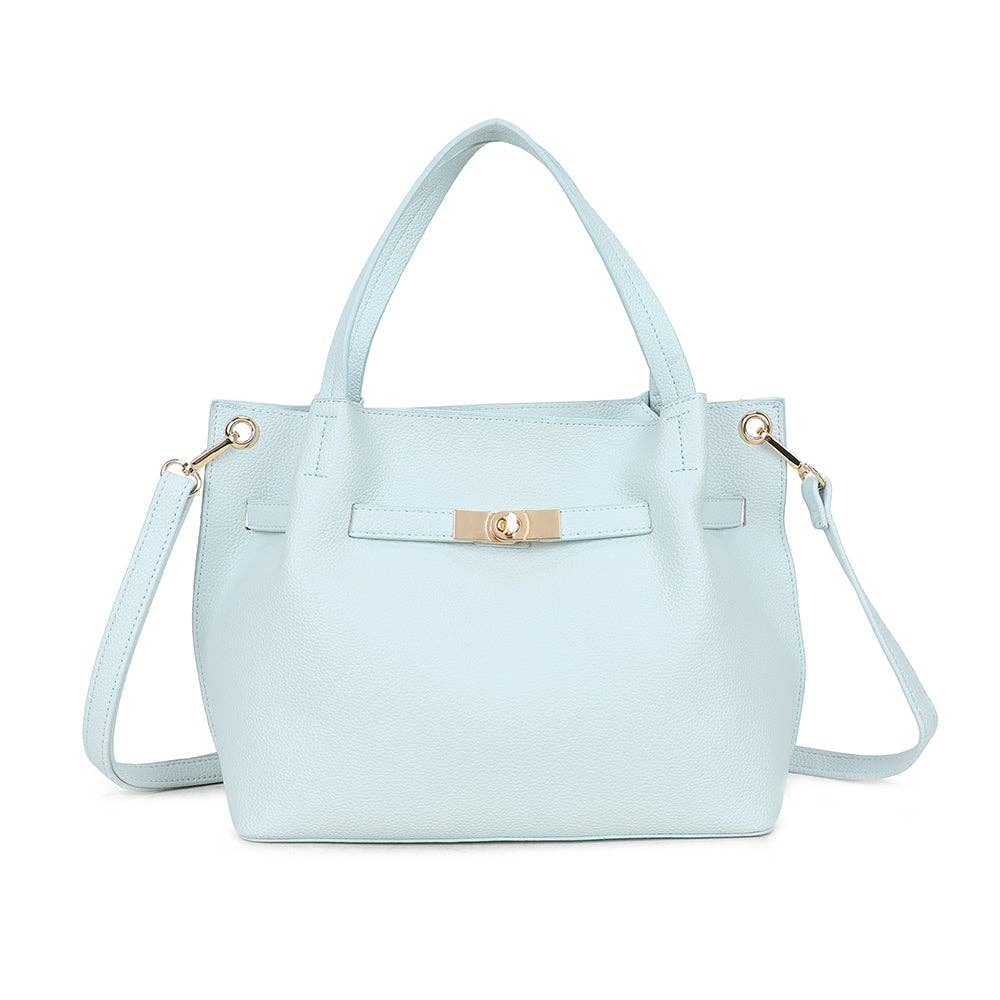 Sac cabas rigide Talyne REF 130 couleur bleu horizon pastel en cuir synthétique grainé avec accessoires dorés.