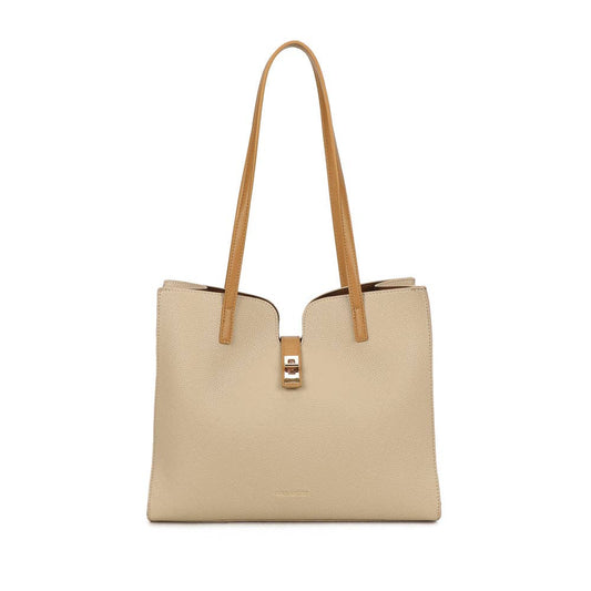 Sac à main cabas Camélia en similicuir beige et anses camel avec fermoir doré REF 300.
