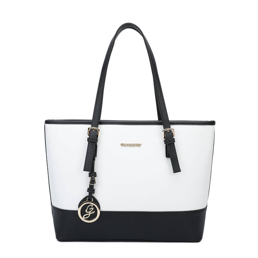 Sac à Main Déja-Vu REF 159 - Sac à main cabas pour femme Gallantry en similicuir blanc avec une base noire contrastée, longues anses d'épaule noires et pendentif médaille doré.