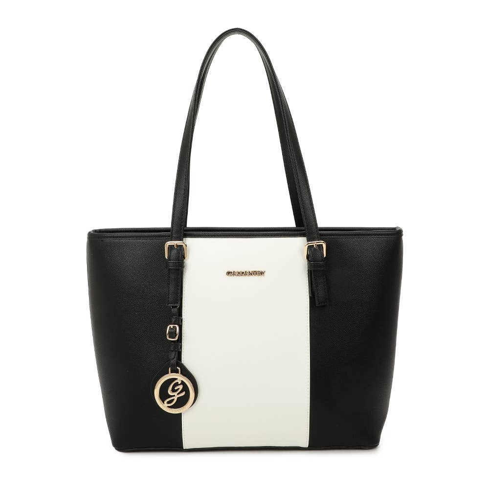 Sac à Main Déja-Vu REF 158 - Sac à main cabas pour femme Gallantry en similicuir noir avec une large bande verticale blanche au centre, longues anses d'épaule et bijou de sac doré.