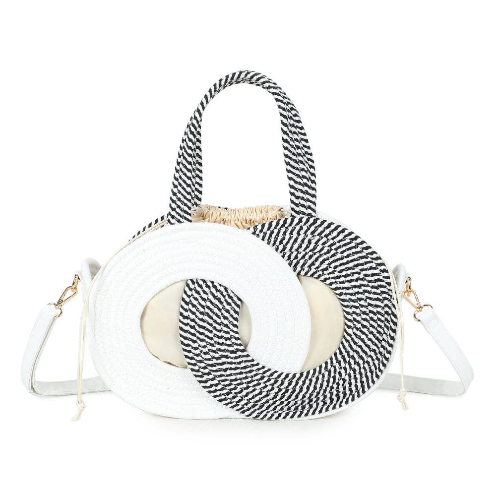 Sac à main graphique Orélya (REF 41) combinant des anneaux imbriqués en corde tressée blanche et corde bicolore rayée noire et blanche, avec anses courtes et bandoulière en similicuir blanc, sur fond blanc.