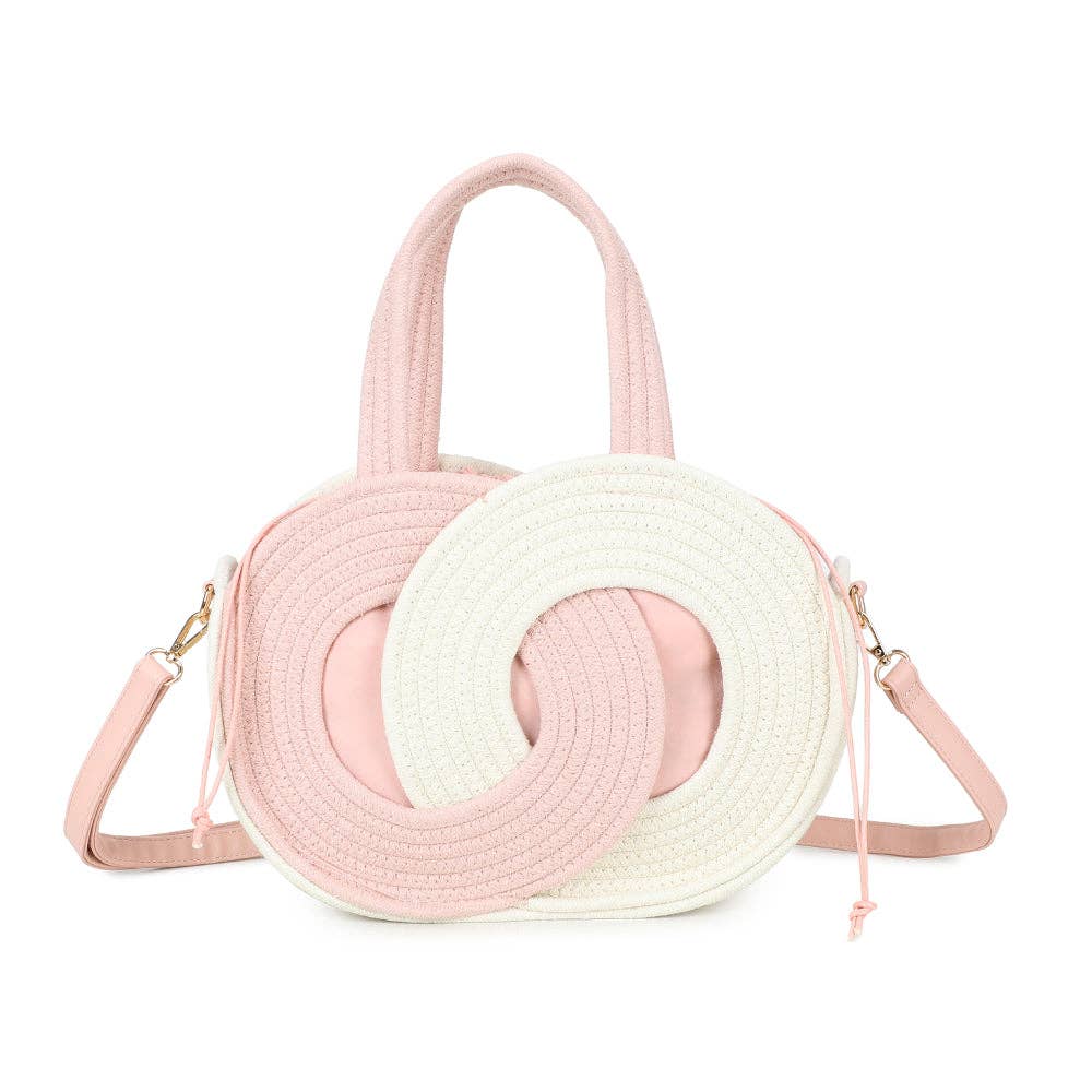 Sac à main rond Orélya en corde tressée rose poudré et blanc (REF 38), mettant en valeur le design de cercles imbriqués, les poignées en corde et la bandoulière rose assortie, isolé sur fond blanc.