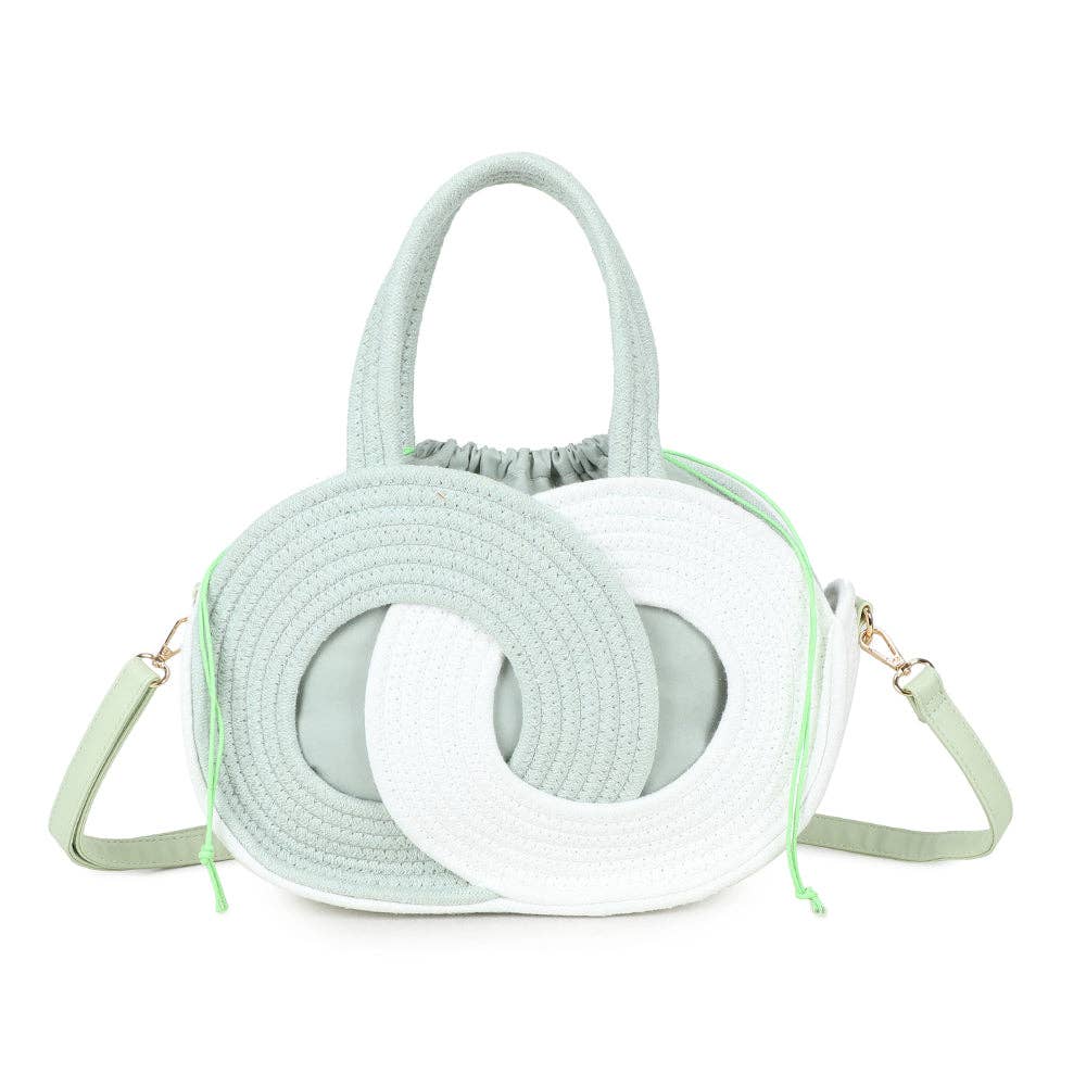Sac à main bohème Orélya de couleur vert clair pastel et blanc (REF 40), avec sa structure en corde de coton tressée, ses liens de serrage vert fluo et sa bandoulière amovible vert amande, photographié de face sur fond blanc.