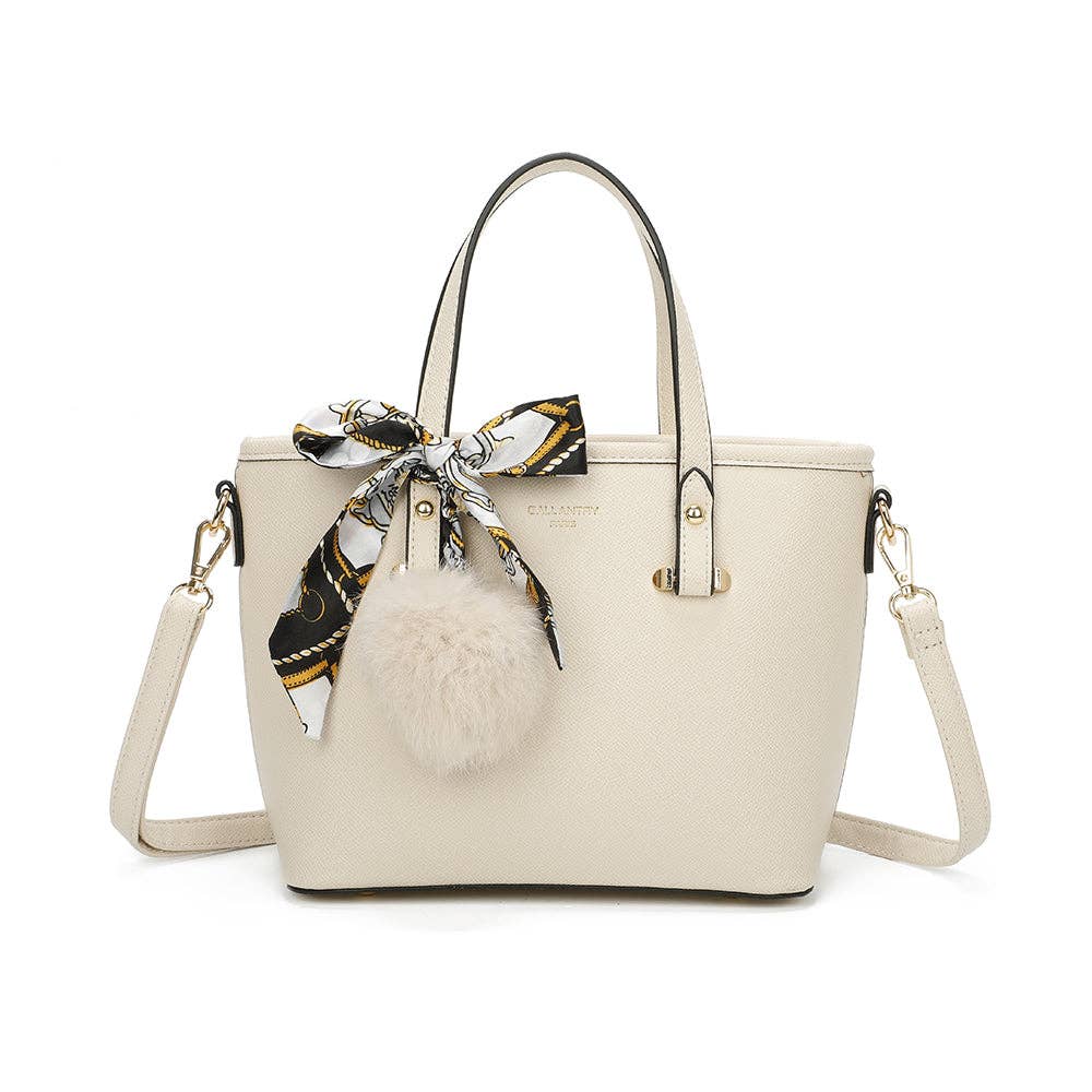 Petit sac cabas Amélis REF 117 couleur crème avec foulard noir et blanc noué à l'anse et pompon beige.