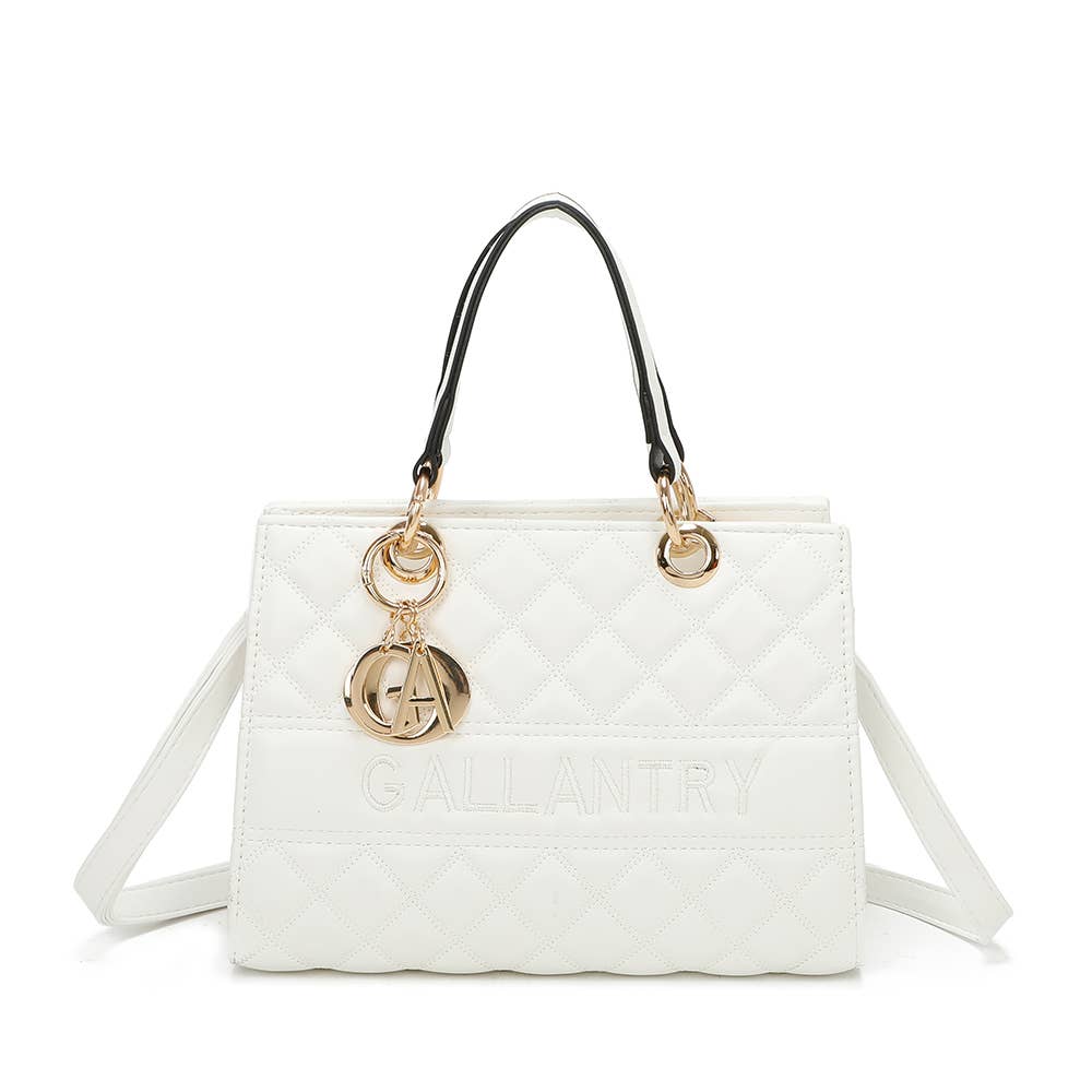 Sac à Main La Matelassé REF 157 - Sac à main rigide Gallantry pour femme en similicuir matelassé blanc avec inscription brodée, anses supérieures, bandoulière et bijou de sac doré.
