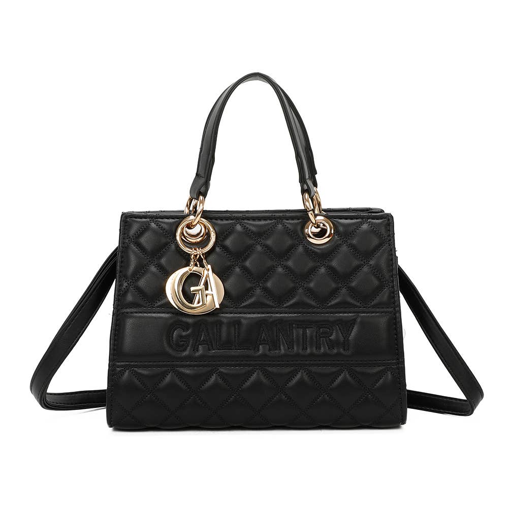 Sac à Main La Matelassé REF 155 - Sac à main rigide Gallantry pour femme en similicuir matelassé noir avec inscription brodée, anses supérieures, bandoulière et bijou de sac doré.