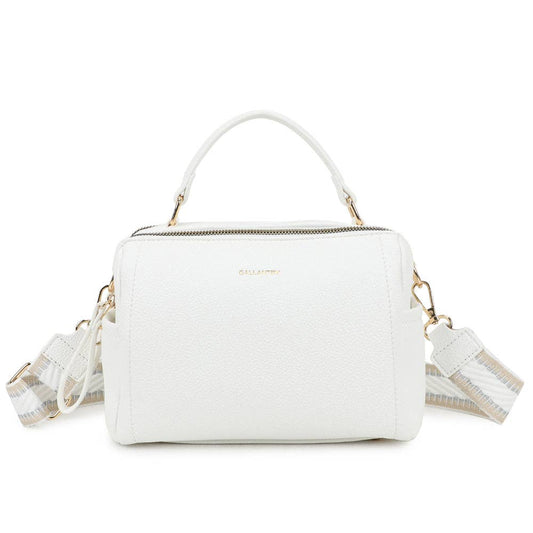 Sac à main Le Mini Boston Elegance en similicuir blanc avec bandoulière tissée brodée REF 303.