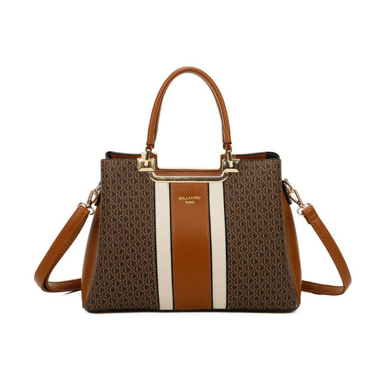 Sac à Main Monogram Chic REF 164 - Sac à main structuré pour femme en similicuir marron avec imprimé monogramme, bande centrale camel et crème et finitions dorées Gallantry.