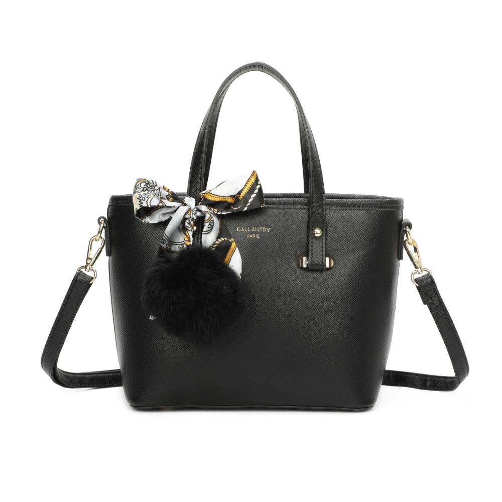 Sac à main cabas mini Amélis REF 116 couleur noir avec foulard imprimé satiné, pompon noir et logo doré Gallantry Paris.