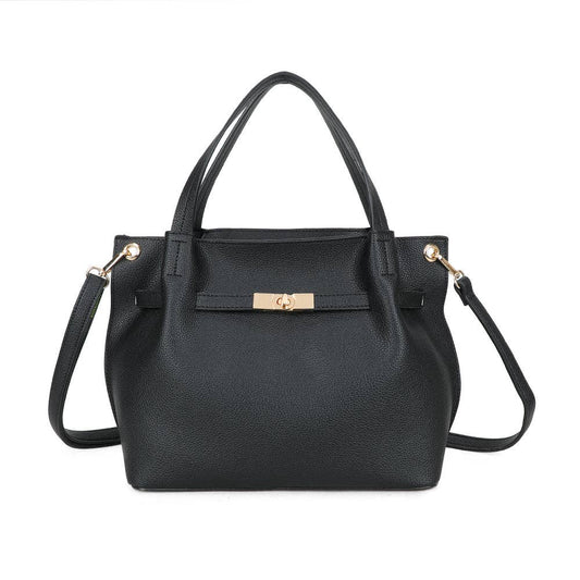 Sac à main cabas Talyne REF 125 couleur noir profond en similicuir grainé avec anses bombées et fermoir loquet doré pivotant.