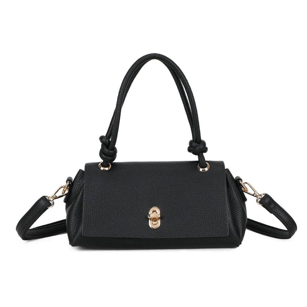 Sac baguette noir Orlina REF 139 en cuir synthétique grainé avec détails de nœuds sur l'anse et fermoir doré sécurisé.