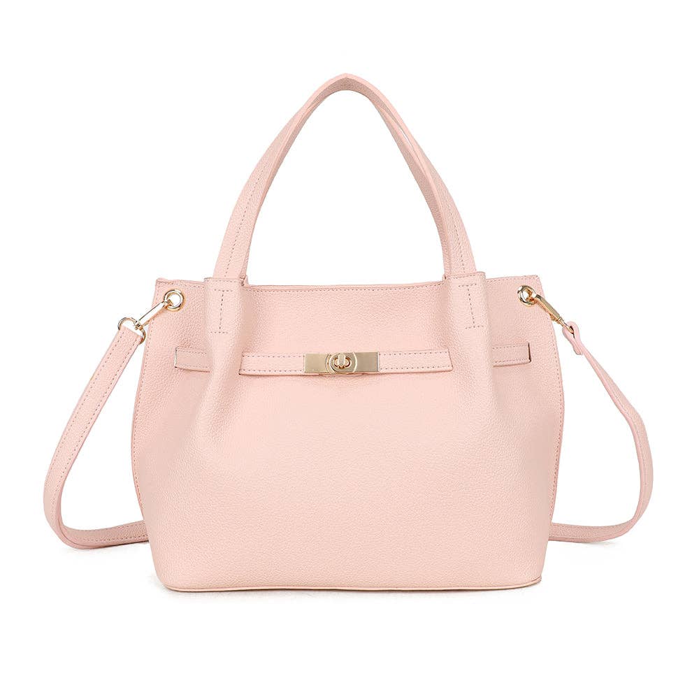 Sac à main romantique Talyne REF 129 couleur rose poudré pastel avec double anse supérieure et fermoir loquet pivotant doré.