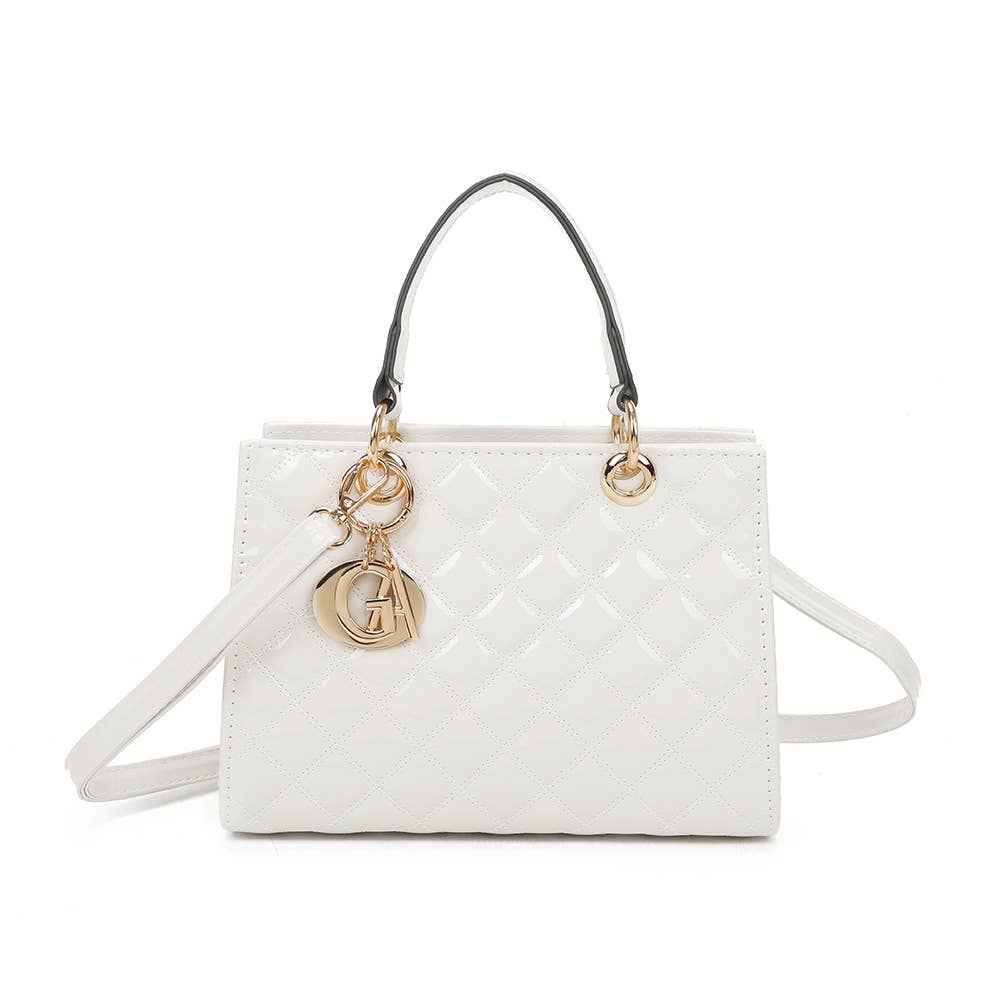 Sac à Main Scarlett REF 162 - Sac à main rigide pour femme en similicuir verni blanc avec matelassage en losanges, anse supérieure, bandoulière et grand pendentif logo doré Gallantry.