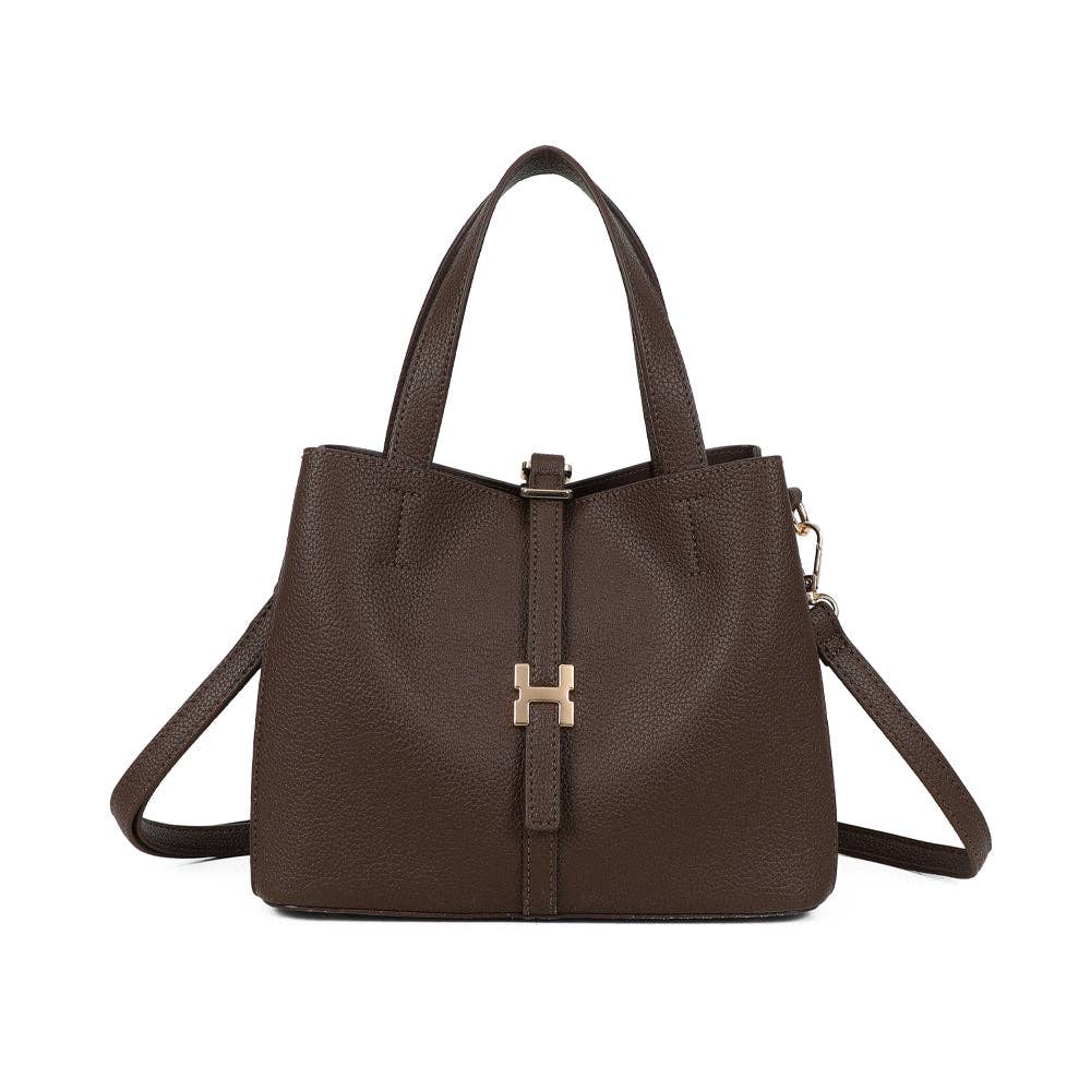 Sac d'épaule et de main de forme seau Alba couleur marron chocolat (REF 3), texture grainée de qualité et détails métalliques dorés brillants, face avant sur fond blanc.