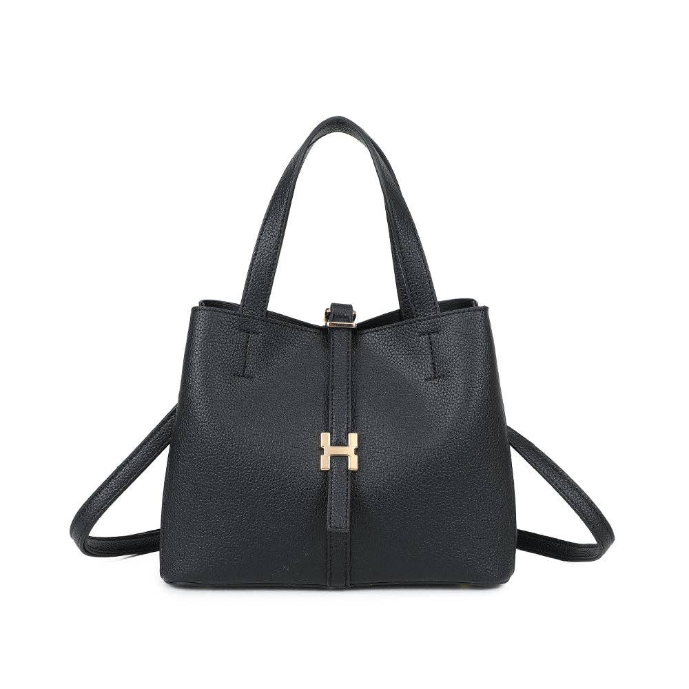 Sac à main classique noir Alba (REF 4) style sac seau en cuir synthétique grainé, avec sa fine bride verticale et son passant signature doré, sur fond blanc.