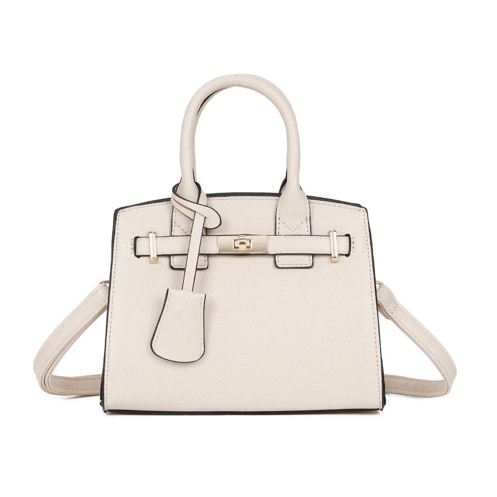Sac à main style Boston Giulia en similicuir beige crème (REF 26), montrant ses détails de finitions dorées, sa sangle décorative haut de gamme et ses bordures teintées noires contrastantes, face avant isolée sur fond blanc.
