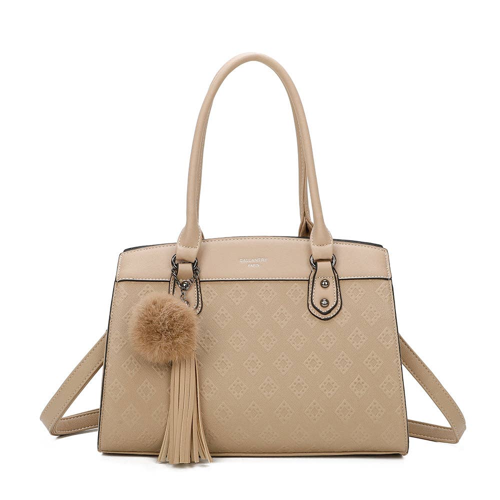 Sac à main Le Diane en similicuir taupe à motif gravé et bijou de sac pompon REF 296.