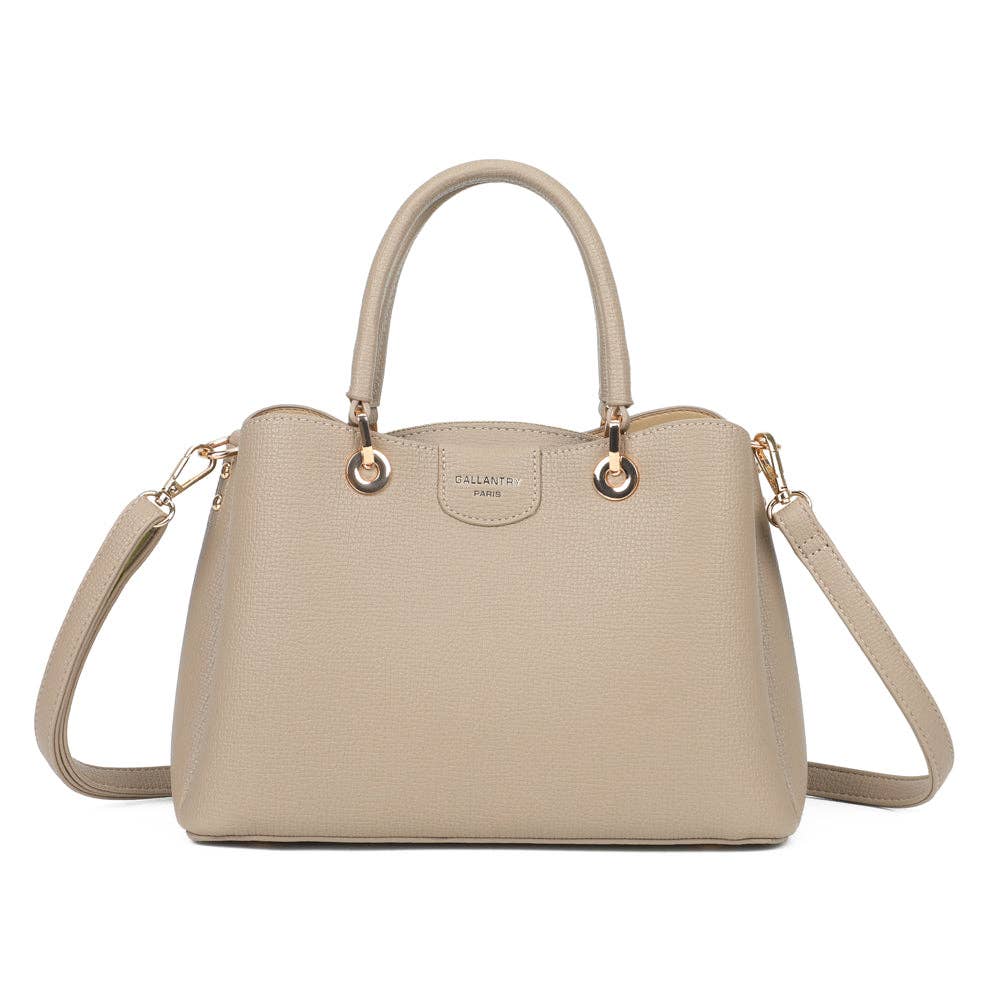 Sac à main Le Galant en similicuir taupe avec œillets dorés et bandoulière REF 297.