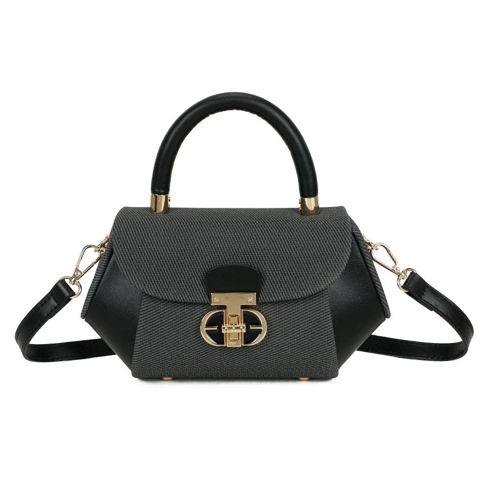 Sac à main haut de gamme Léa noir (REF 32), combinant un rabat central en toile tissée gris anthracite foncé et une structure rigide en similicuir noir mat avec un fermoir doré brillant, isolé sur fond blanc.