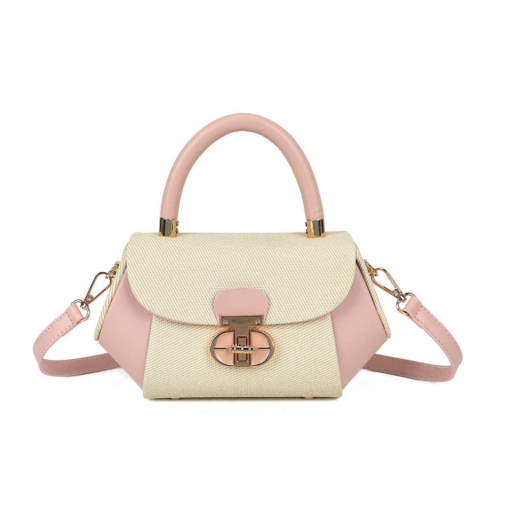Sac à main structuré Léa en version rose poudré (REF 34), mixant une toile écrue tissée fine et un similicuir rose pastel sur les flancs, la poignée et la bandoulière, agrémenté d'un fermoir graphique doré, sur fond blanc.
