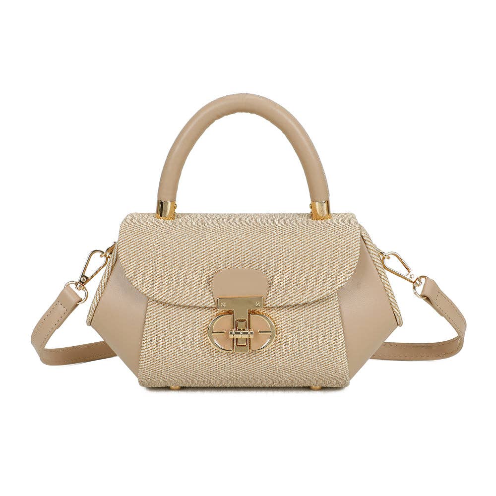 Sac à main élégant Léa couleur taupe et camel (REF 35) composé d'un tissu à chevrons beige clair et de finitions en similicuir marron clair, avec sa poignée supérieure bombée et sa sangle, photographié de face sur fond blanc.