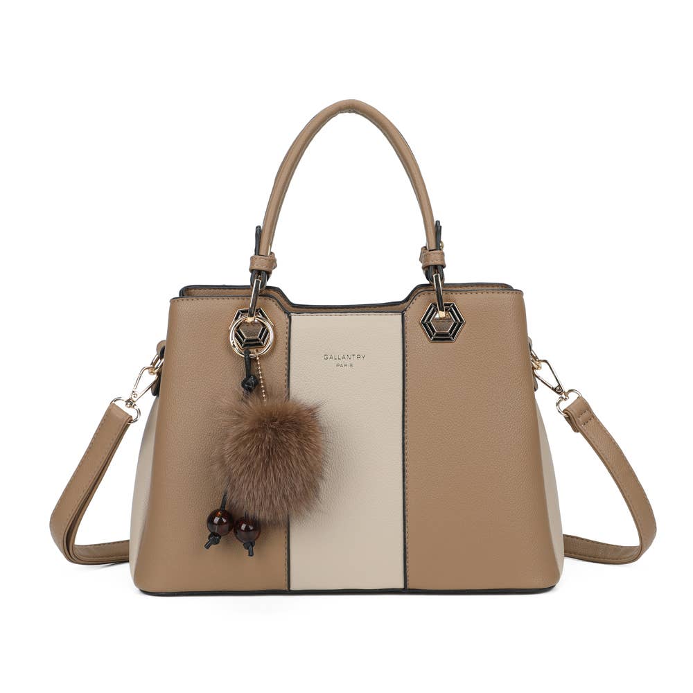 Sac à main tricolore Fiora Pop beige et camel avec pompon assorti REF 313