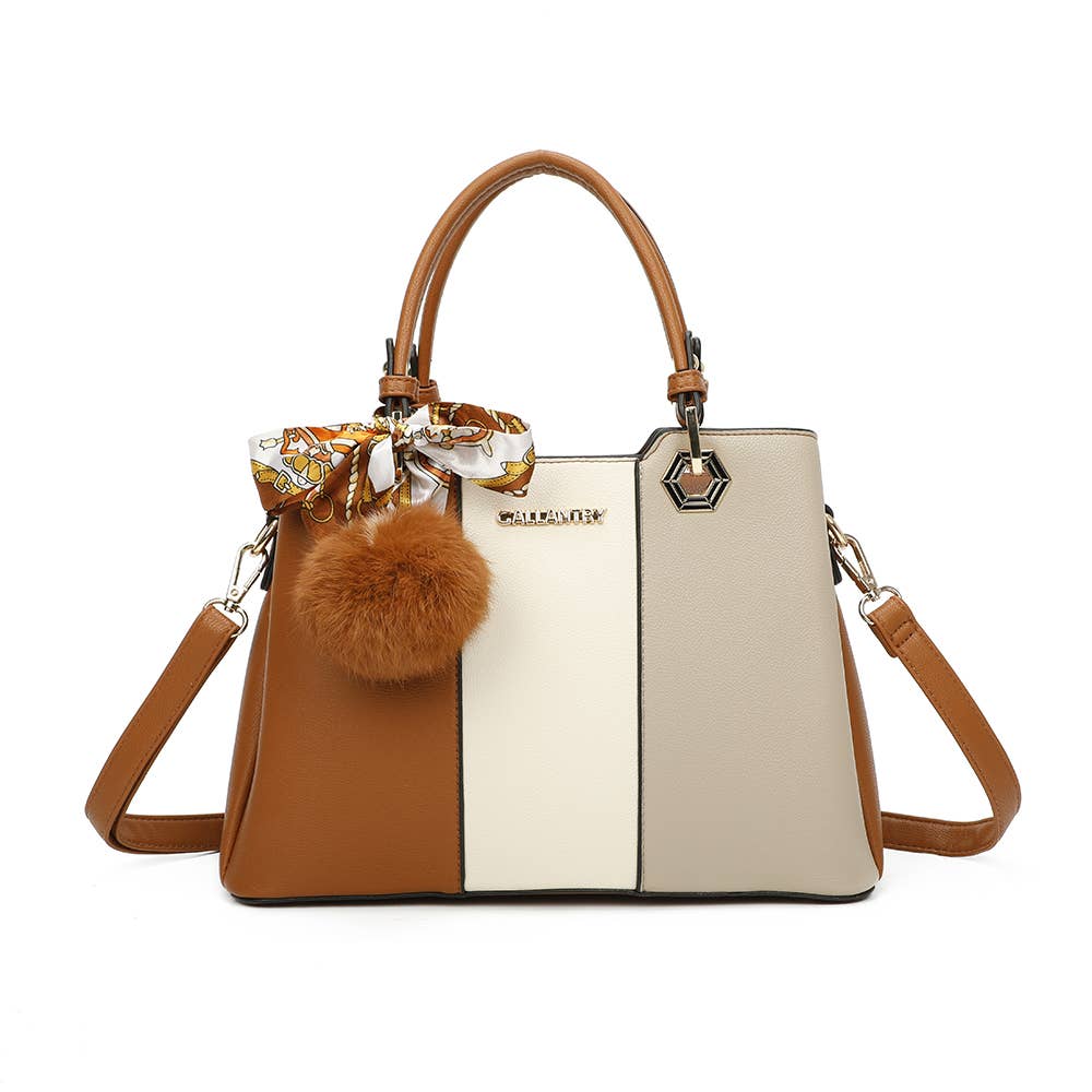 Sac à main tricolore Fiora Pop marron et crème avec foulard imprimé REF 314.