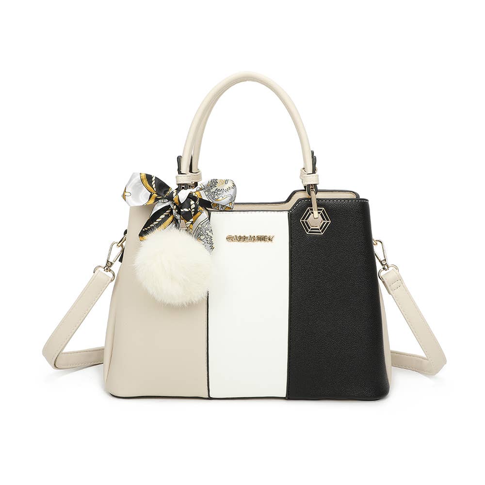 Sac à main tricolore Fiora Pop noir blanc et beige avec pompon blanc REF 315.