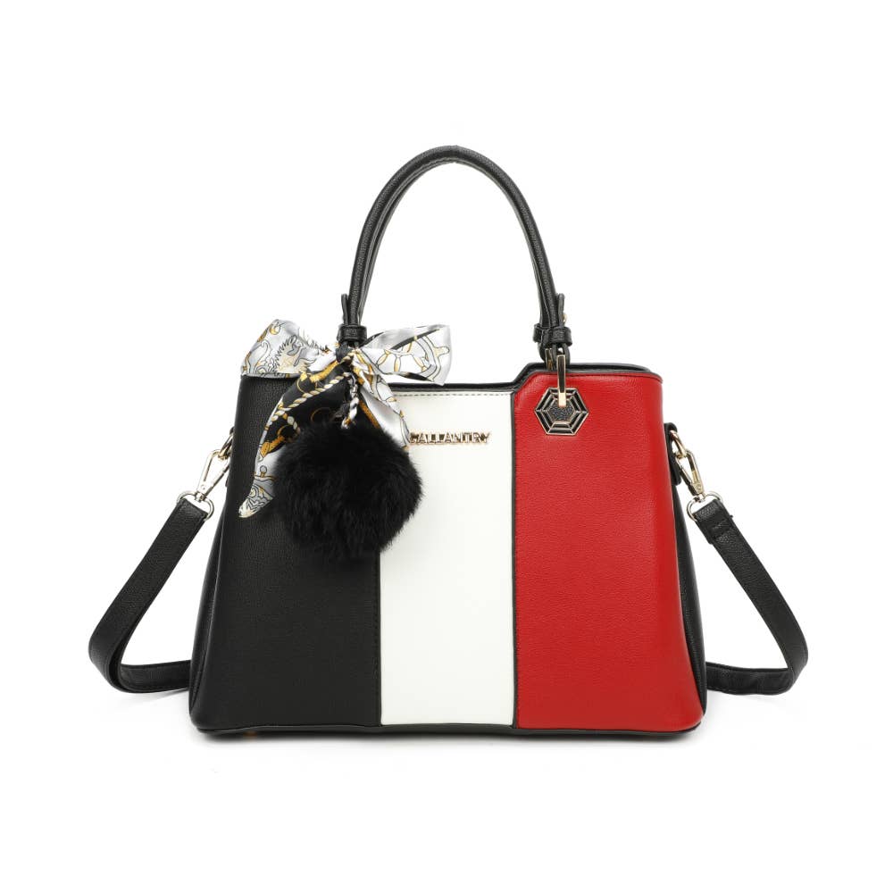 Sac à main tricolore Fiora Pop noir et rouge passion avec pompon noir REF 316.
