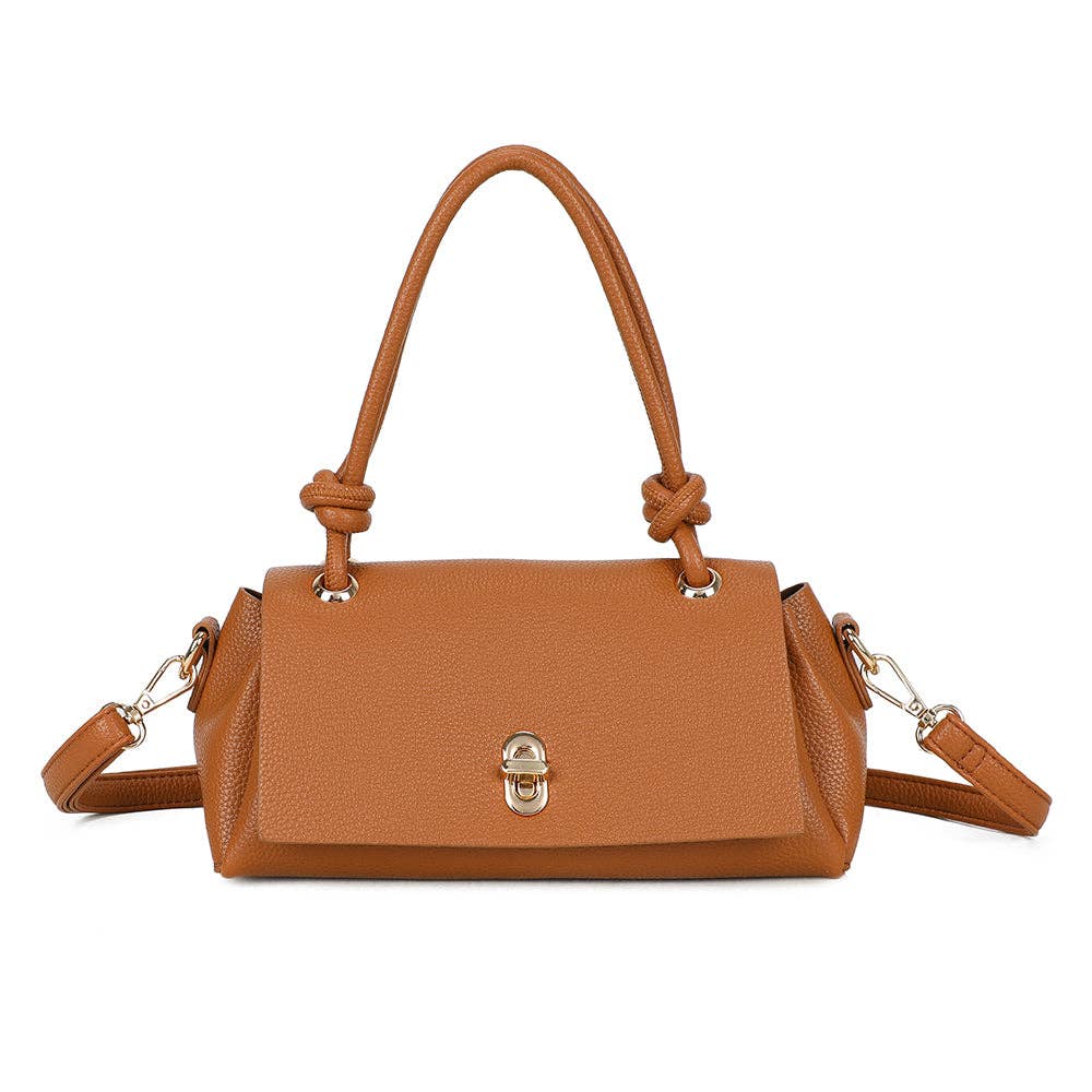 Sac à main texturé Orlina REF 138 couleur marron camel vu de face avec grande anse supérieure nouée et fermoir métallique doré.