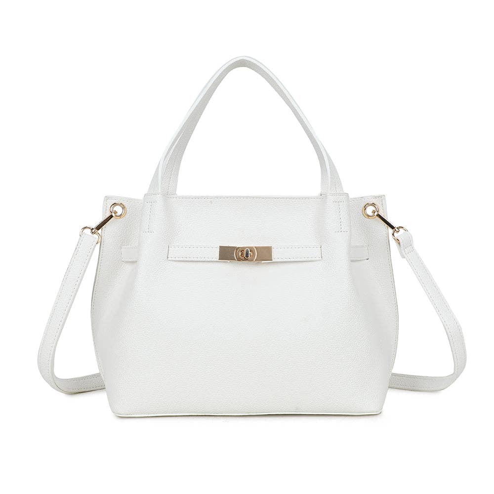 Sac à main chic Talyne REF 128 couleur blanc pur avec pattes de serrage sur les côtés et grand fermoir doré rectangulaire.